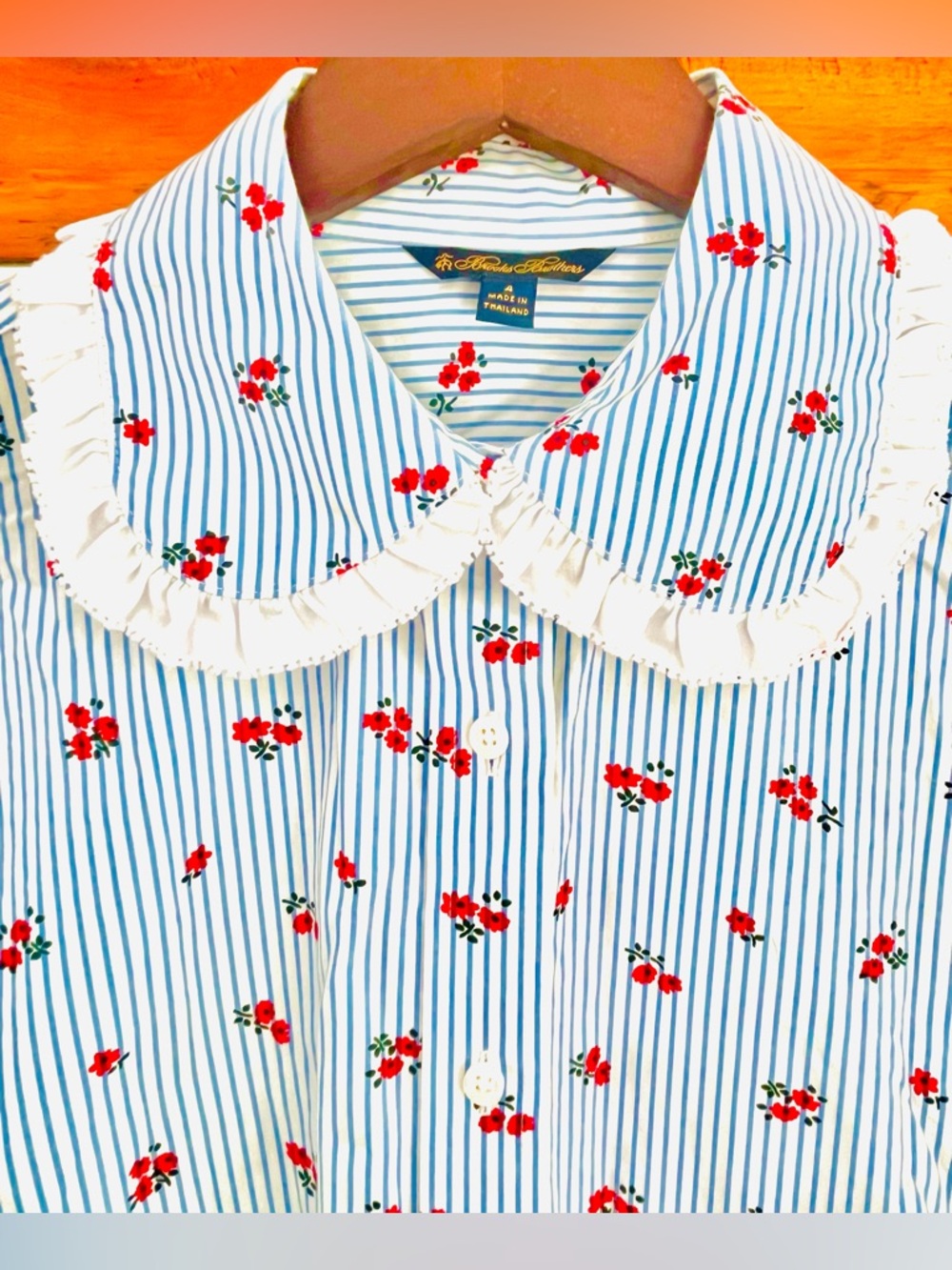 Brooks Brothers Cotton Floral Pinstripe Ruffle Peter Pan Collar Button Down